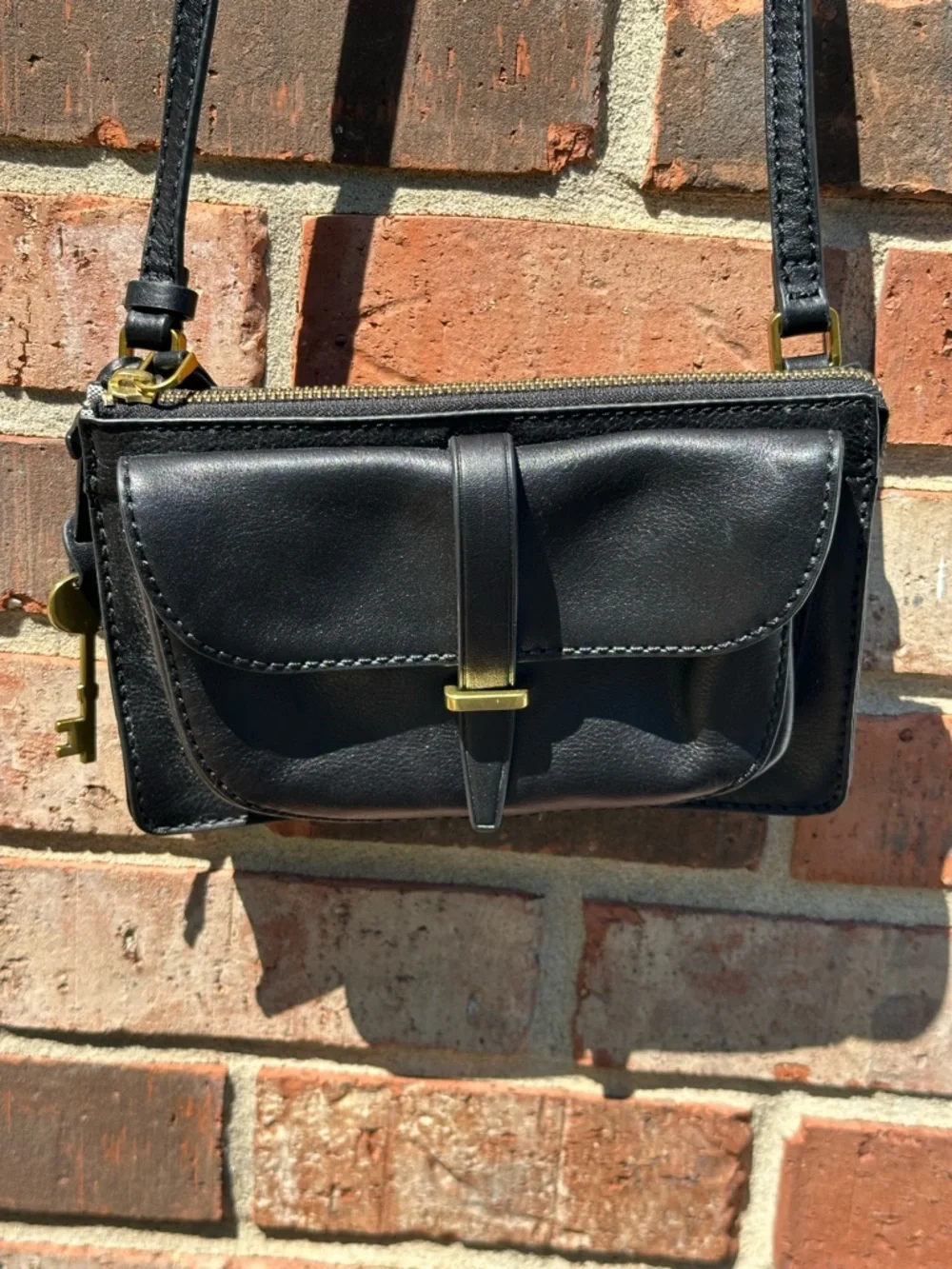 Fossil Black Ryder Small Crossbody Purse Adjust Straps Front Pocket Key Charm - Picture 3 of 16